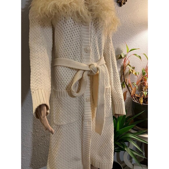 Colette mordo cardigan Sweater Trimmed With real Lamb Fur ,beige  size S - Picture 3 of 8